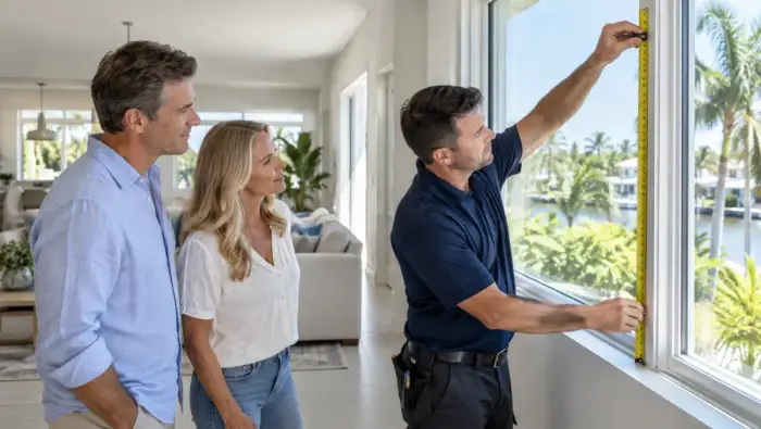 Installer measuring a window opening with homeowners