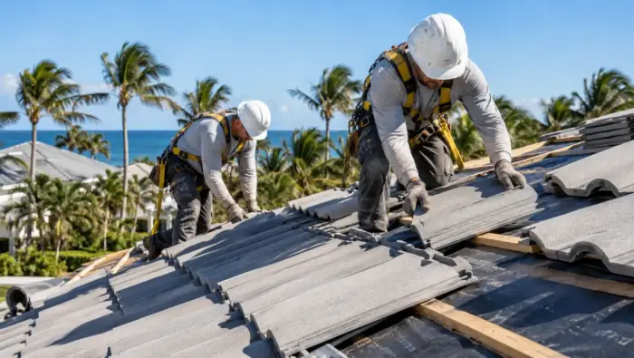 Professional roofers installing new concrete tiles on a Florida home