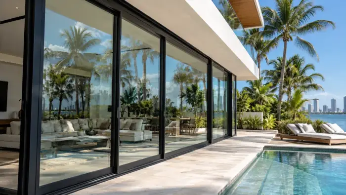 Black-framed impact glass windows on a modern Miami home